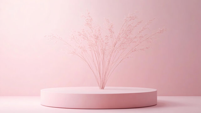 粉紅色極簡展示臺與干花