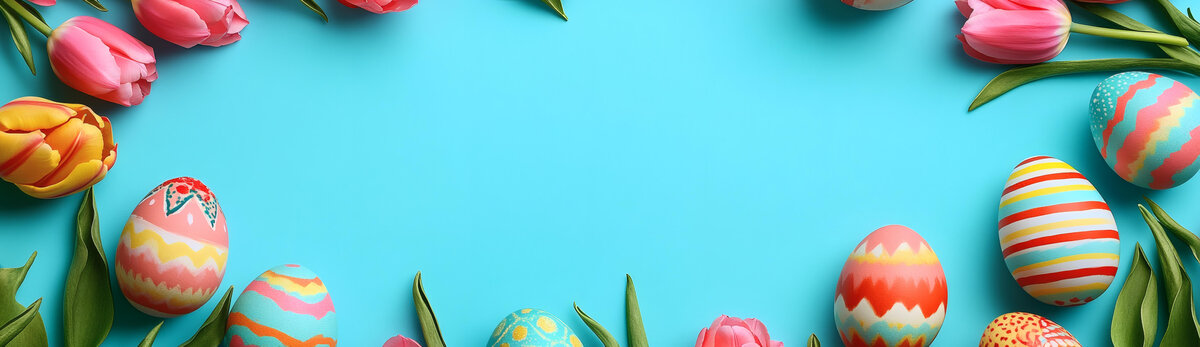 復(fù)活節(jié)彩蛋和郁金香的鮮艷背景