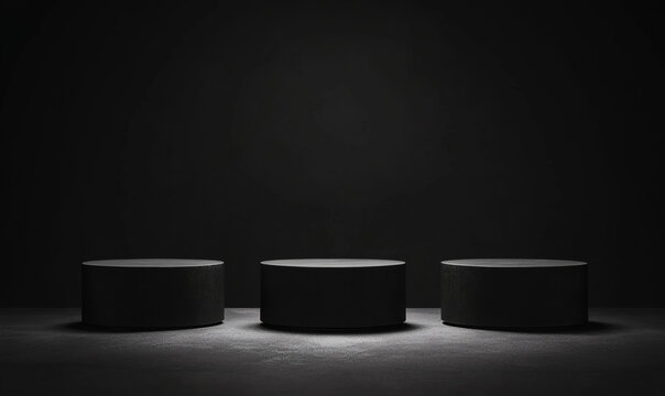 三根黑色圓柱形展臺(tái)的灰色地面