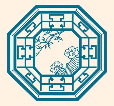中式八角窗欞花鳥紋飾