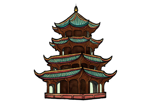 古風(fēng)多層中式塔樓插畫