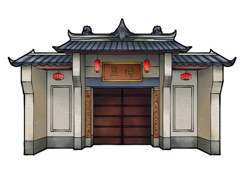 中式傳統(tǒng)風(fēng)格大門插畫