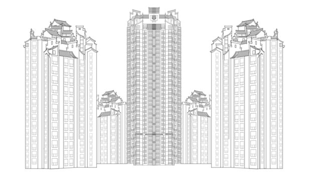 中式風(fēng)格現(xiàn)代高樓建筑線稿