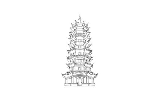 中式寶塔線描矢量圖