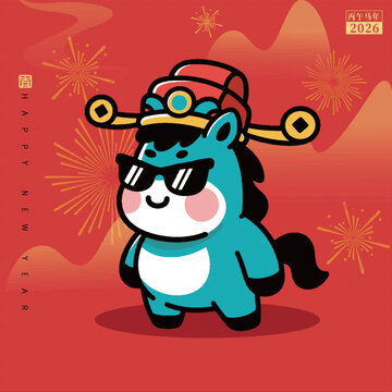卡通小馬賀2026新春財神爺形象