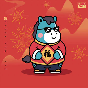 2026年卡通小馬賀新春插畫貼紙IP形象