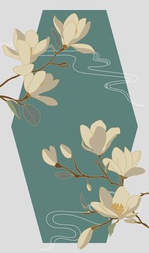 中式風(fēng)玉蘭花枝雅致圖案矢量圖分層