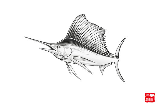黑白手繪劍魚插畫