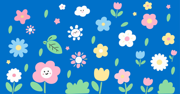 可愛卡通花卉藍(lán)色背景圖