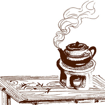 中式傳統(tǒng)煮茶場景手繪線稿素描矢量圖