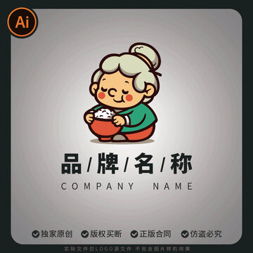 卡通老奶奶端碗吃飯形象
