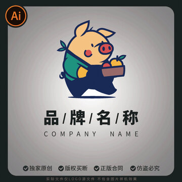 可愛小豬搬運水果卡通logo