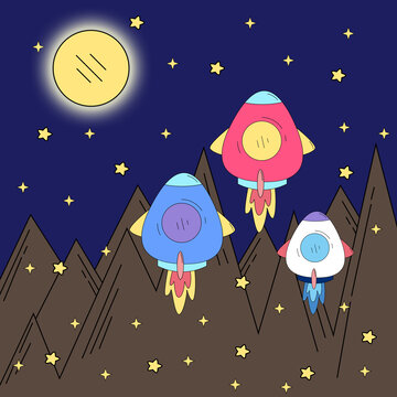 夜空下的可愛火箭飛行