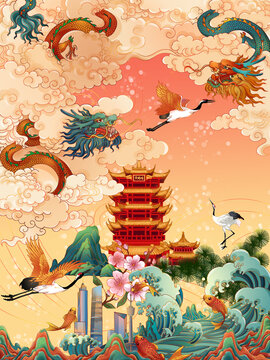 武漢名片旅游城市特色景點插畫