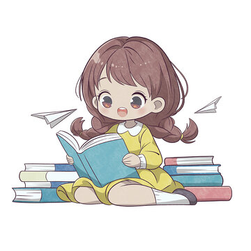 可愛女孩專注讀書插畫