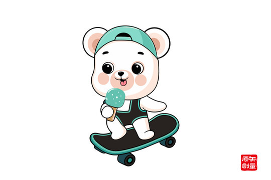 小熊玩滑板吃雪糕超萌