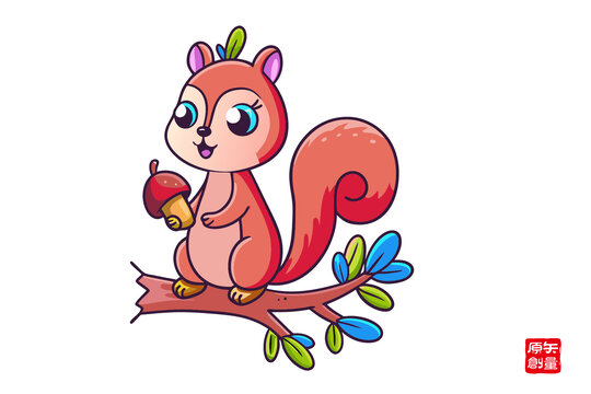 可愛卡通松鼠持橡果插畫