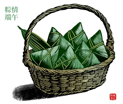 端午竹籃中的美味粽子油墨印刷插圖插畫