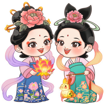 古風(fēng)仙女提兔子荷花燈籠迎中秋