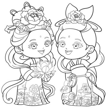 古裝仙女月兔荷花燈籠中秋可愛卡通線條畫