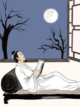 國(guó)風(fēng)詩詞場(chǎng)景靜夜思李白詩句插畫