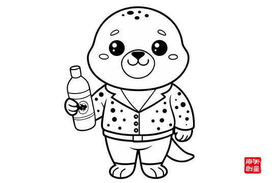 卡通海豹手持瓶子形象