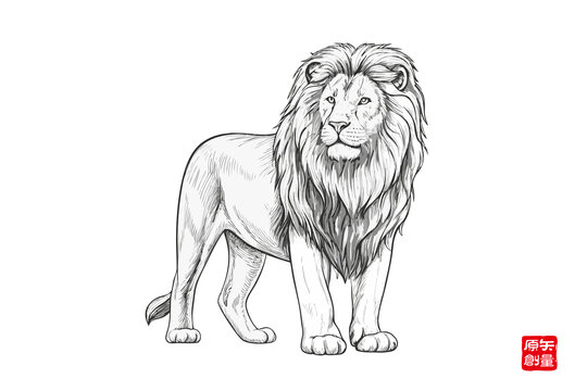 手繪站立雄獅素描圖