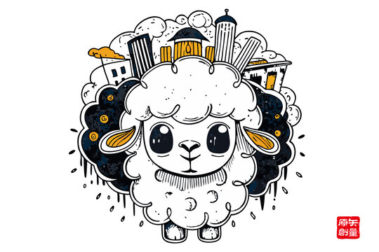 卡通綿羊與城市景觀插畫
