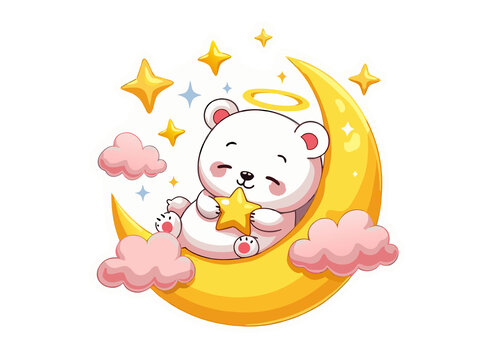 小熊抱著星星在月亮上睡覺