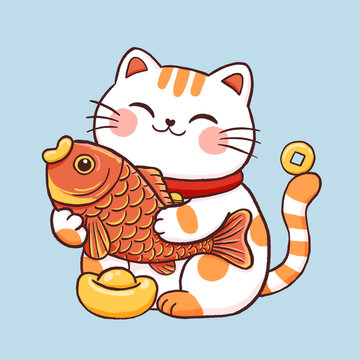 招財貓抱錦鯉萌趣插畫