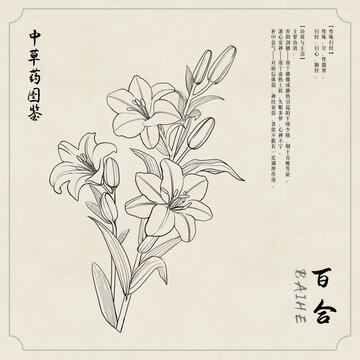 百合草藥插畫圖鑒黑白