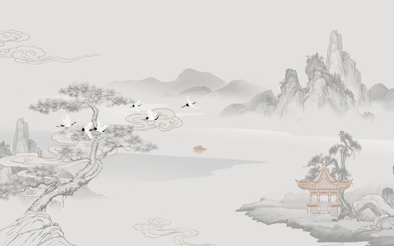 中式山水仙鶴意境圖