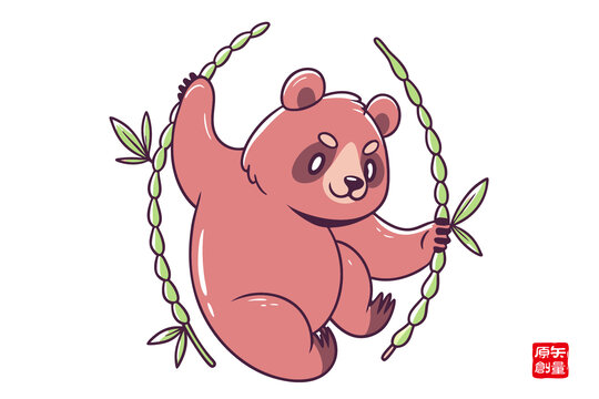 可愛卡通熊貓持竹藤形象