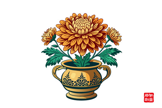 花瓶中的絢麗菊花插畫