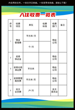 入住收費一覽表