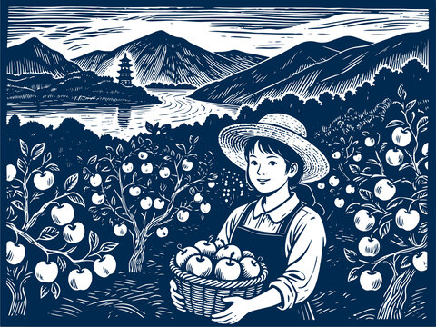 蘋果插畫女性果農(nóng)