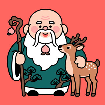卡通壽星與小鹿相伴圖