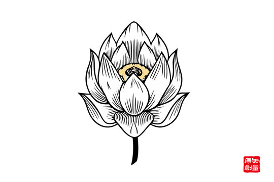 簡約手繪中式蓮花圖案