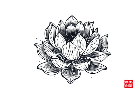 黑白手繪風格蓮花圖案