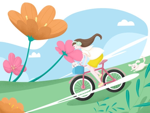 女孩騎車穿梭于爛漫花叢手繪插畫