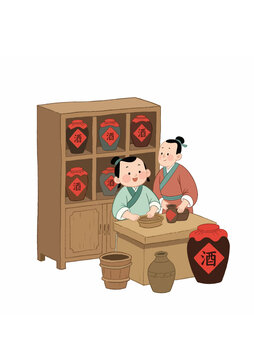 古代酒館釀酒場景插畫