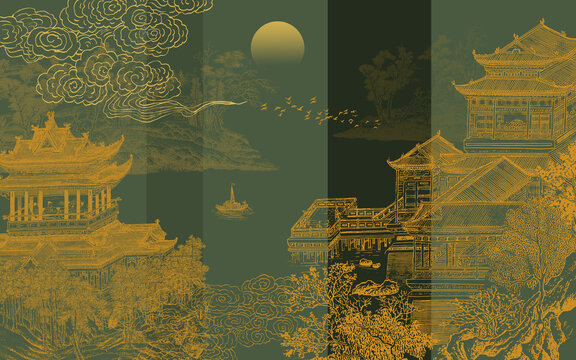 蒼綠色山水樓閣背景壁畫