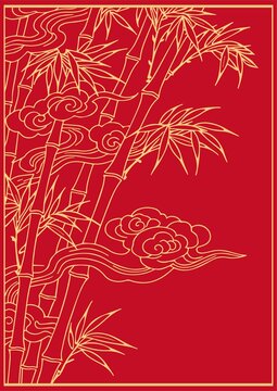 中式紅底金紋竹云裝飾圖