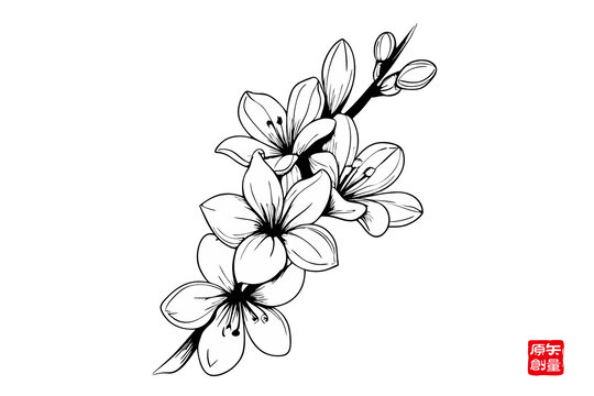 黑白手繪風花卉枝條圖案桂花