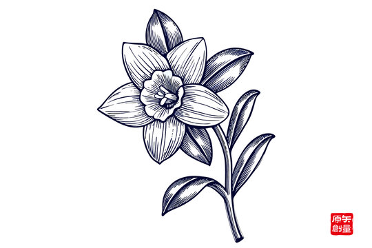 手繪單枝花卉線條插畫水仙花