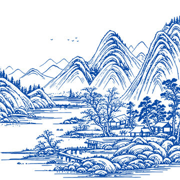 藍(lán)白山水間的靜謐村落禮盒背景底紋矢量圖