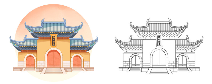 武漢地標(biāo)古建筑歸元禪寺插畫線描