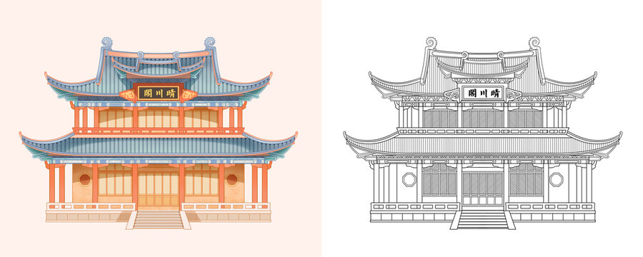 武漢地標古建筑晴川閣插畫線稿