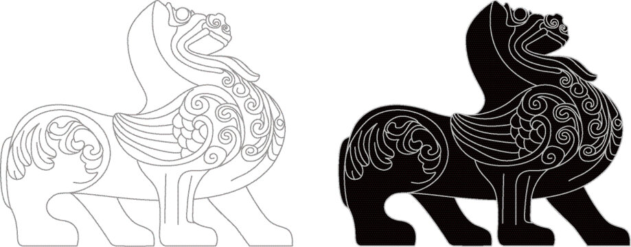 傳統(tǒng)神獸黑白矢量圖案獬豸線稿插畫線描
