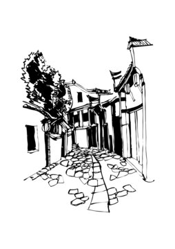 建筑手繪西河古鎮(zhèn)街道挑檐石板小路鋼筆畫